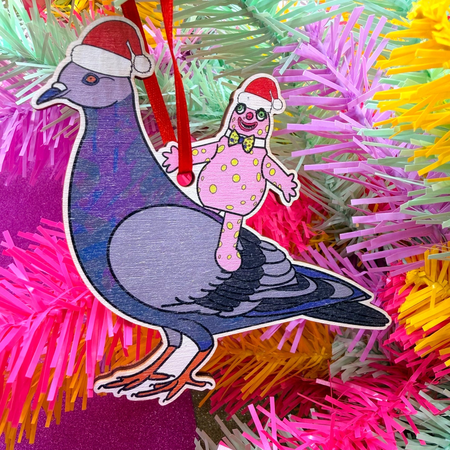 Blobby Rides a Pigeon  Wooden Christmas Decoration