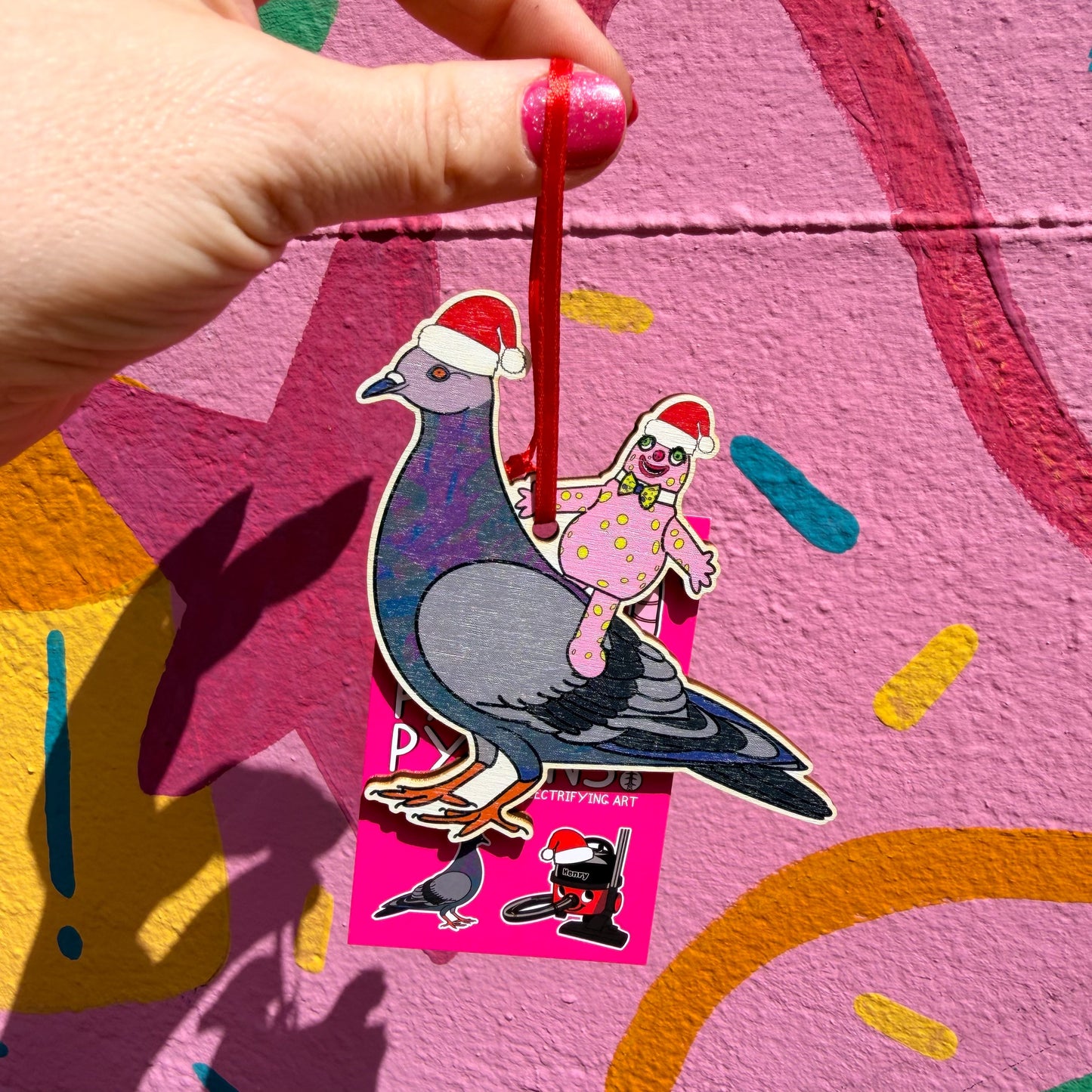 Blobby Rides a Pigeon  Wooden Christmas Decoration